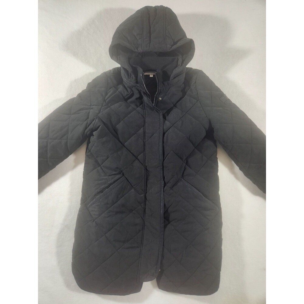 DKNY Goose Duck Down Filled Longline Puffer Coat Jacket Hooded Black Women's S
